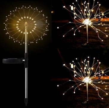 Solar-powered string lights with fireworks-inspired lighting effects, perfect for outdoor gardens, patios, and parties