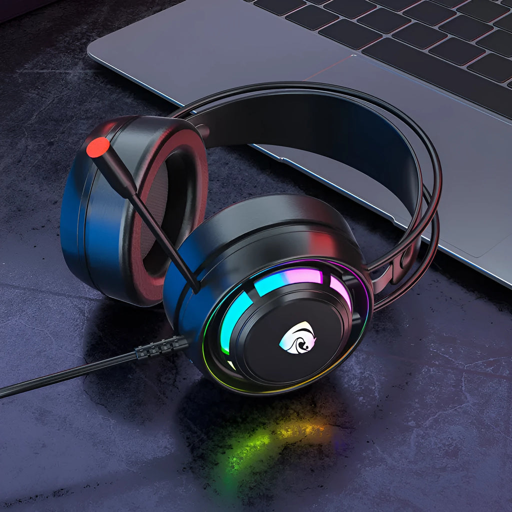 Black wired over-ear headphones with a microphone, showing a long cable and large circular ear cups.