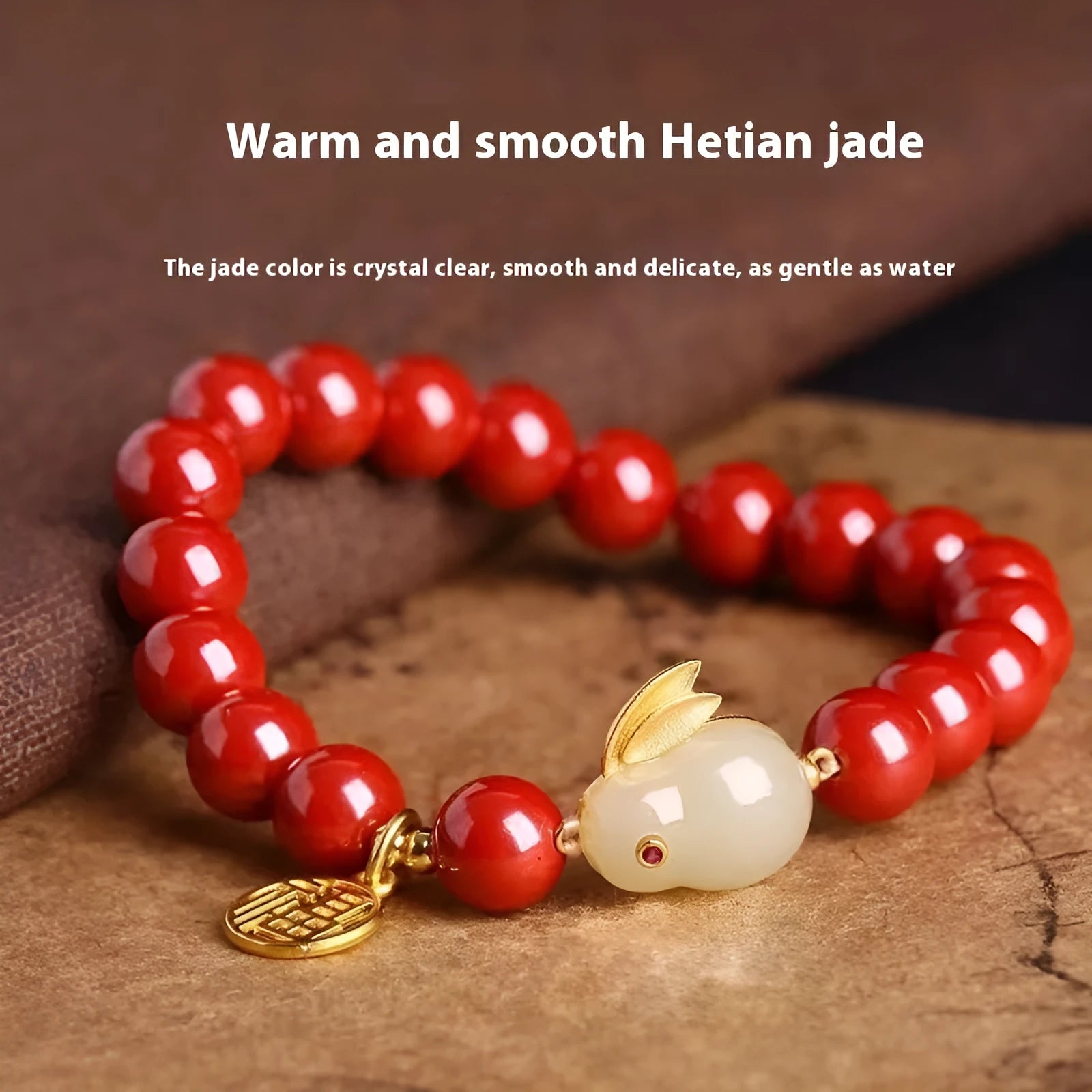 Purple gold sand cinnabar bracelet with jade hare charm in retro style.
