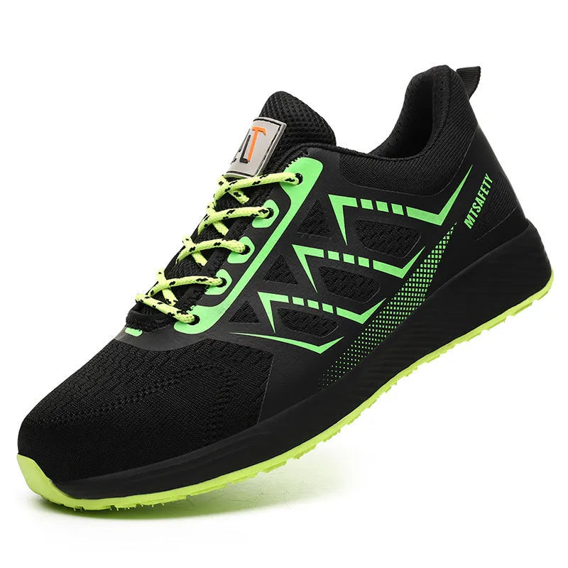 Black ultra-light safety work shoes with a steel toe cap and lace-up front.