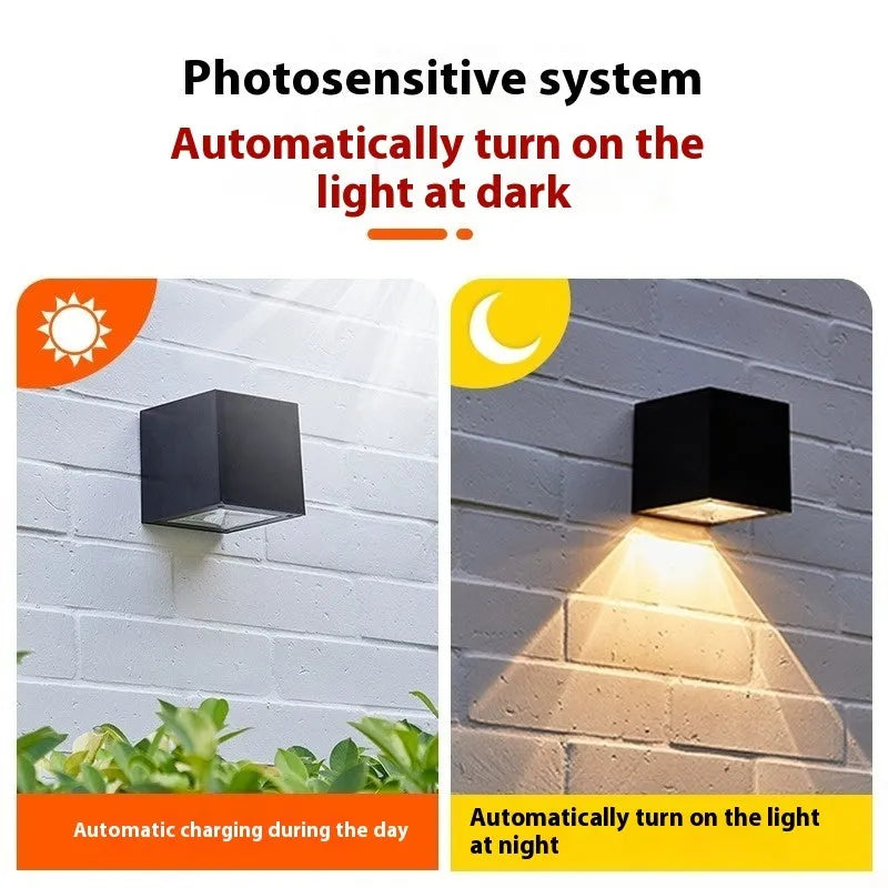 Solar outdoor wall lamp with warm light, IPX4 waterproof, ABS shell, available in 80x80mm or 98x98mm