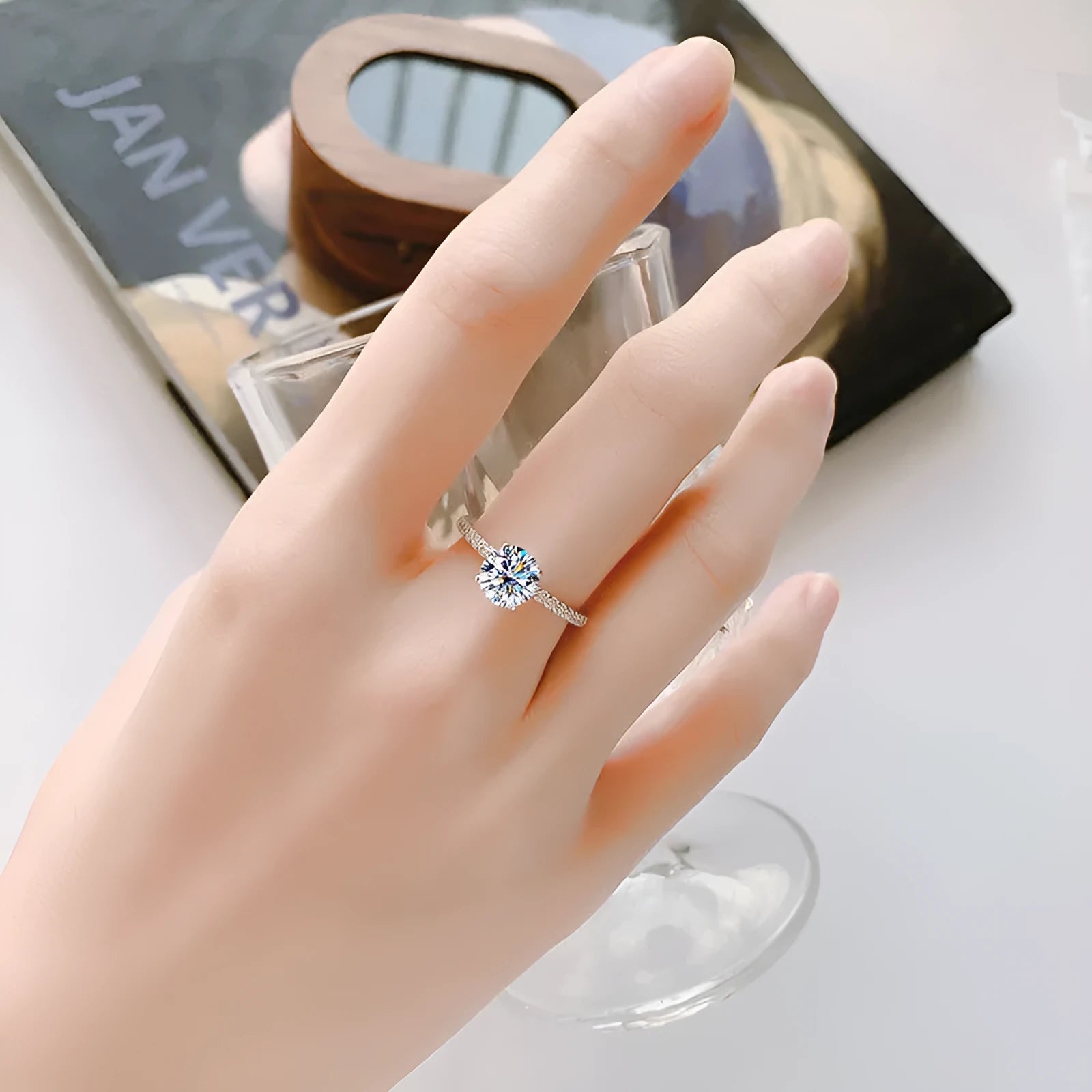 Moissanite ring female S925 sterling silver four-claw micro-inlaid 14mm D-E colour white gold style