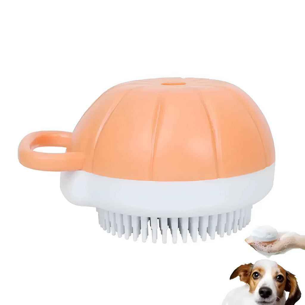 Orange dog bath brush with shampoo dispenser and soft TPR bristles for pet grooming