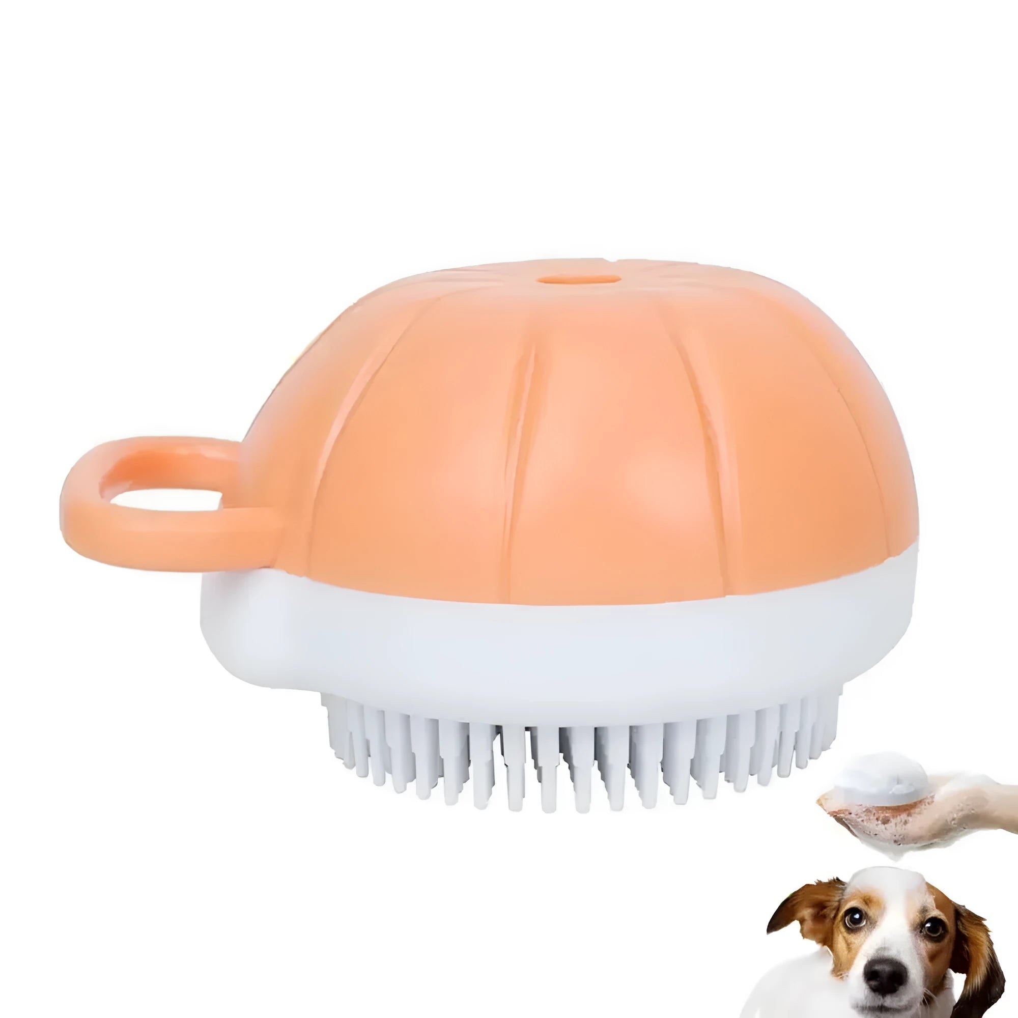 Orange dog bath brush with shampoo dispenser and soft TPR bristles for pet grooming