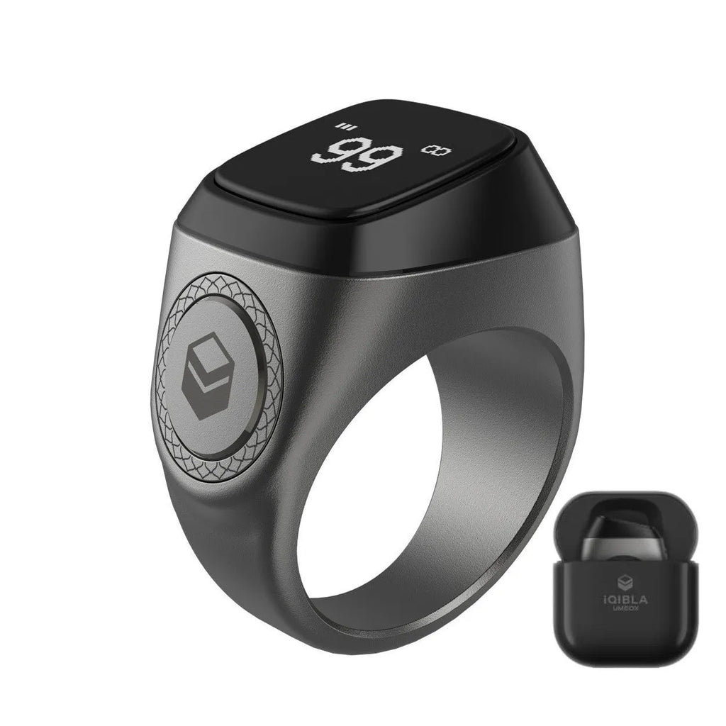Zikr1 Lite metal smart ring for Islamic prayer with OLED display, shown in silver colour.