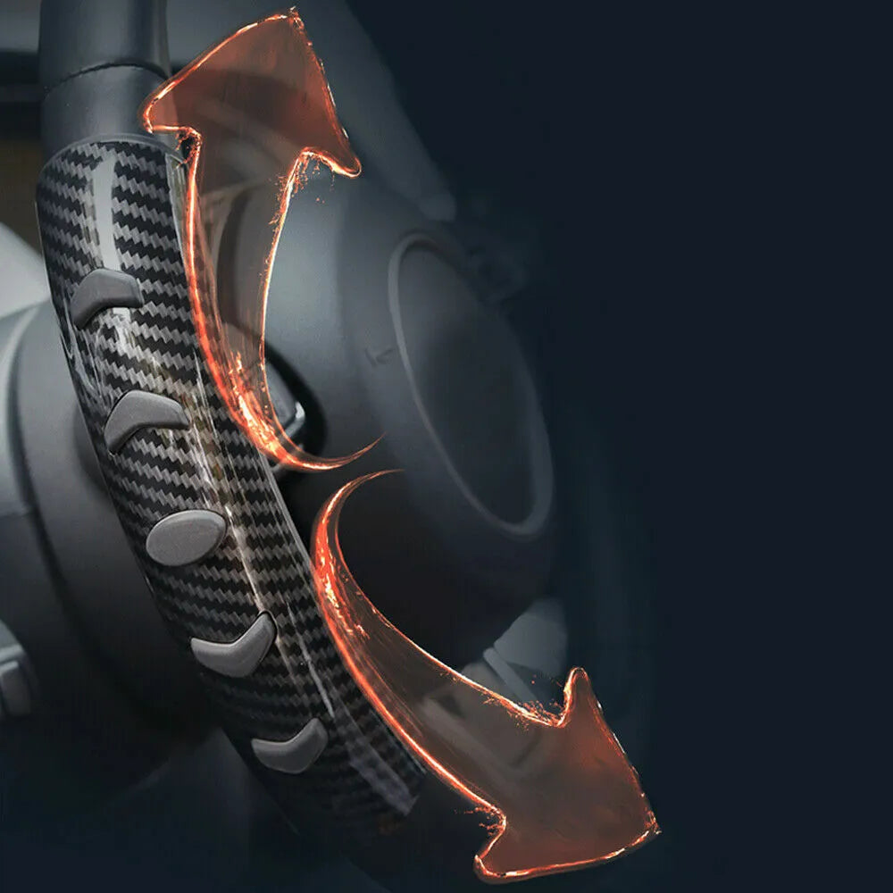 Carbon fibre black woven anti-slip sleeve for a 38cm car steering wheel.