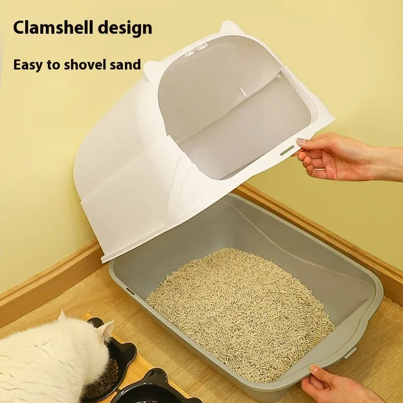 Oversized enclosed PP cat litter box in gray with door, for indoor use