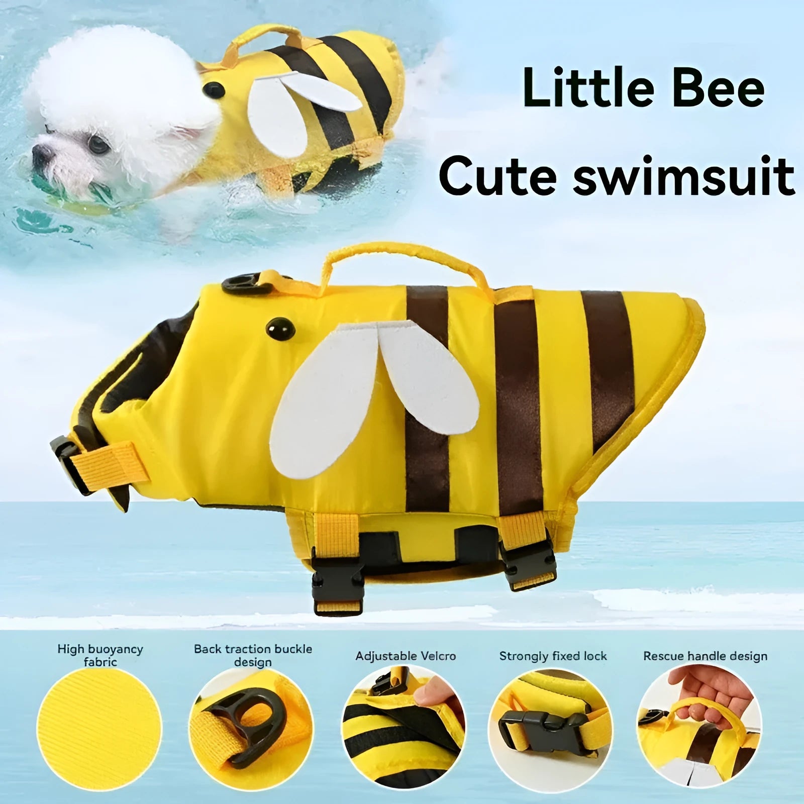 Green dog life jacket with reflective trim and quick-release buckle, shown on a dog model