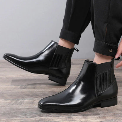 Sophisticated pointed-toe Chelsea boots with square heels, crafted from premium artificial leather for modern gentlemen's fashion