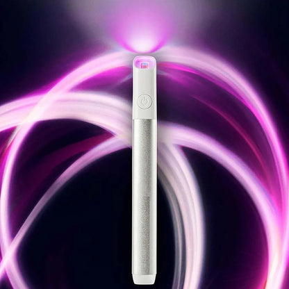 Silver grey acne treatment device with red and blue light therapy, battery-powered design