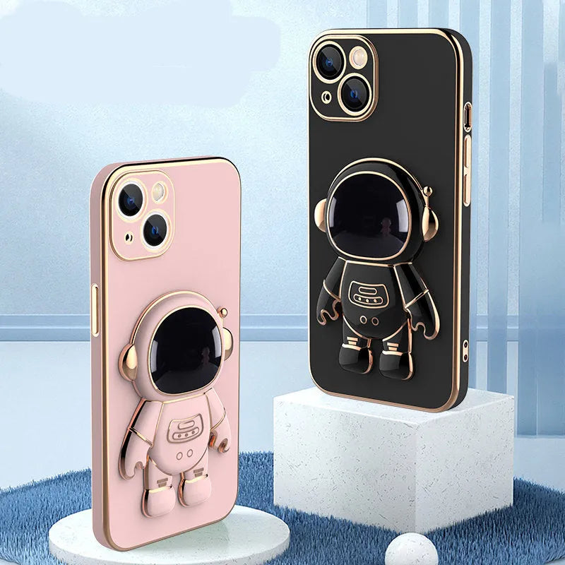 3D astronaut TPU phone case with electroplating bracket in light cyan for iPhone