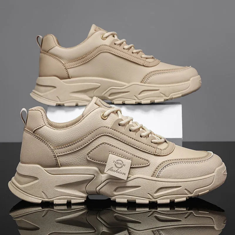 Leather waterproof outdoor sneakers in beige with low top, mesh lining, and flat heel
