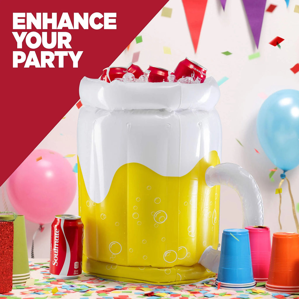 Large yellow inflatable beer mug cooler floating in swimming pool with drinks