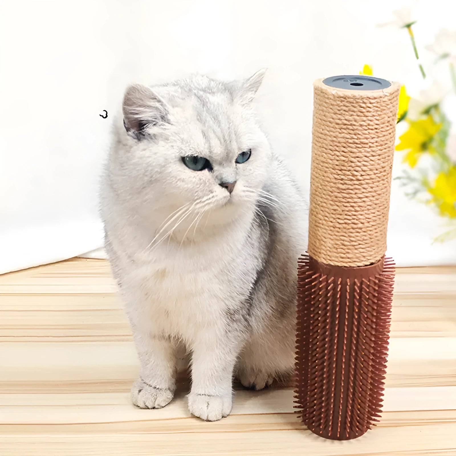 Brown cylindrical sisal scratching post for cats measuring 30cm tall with 5.8cm diameter