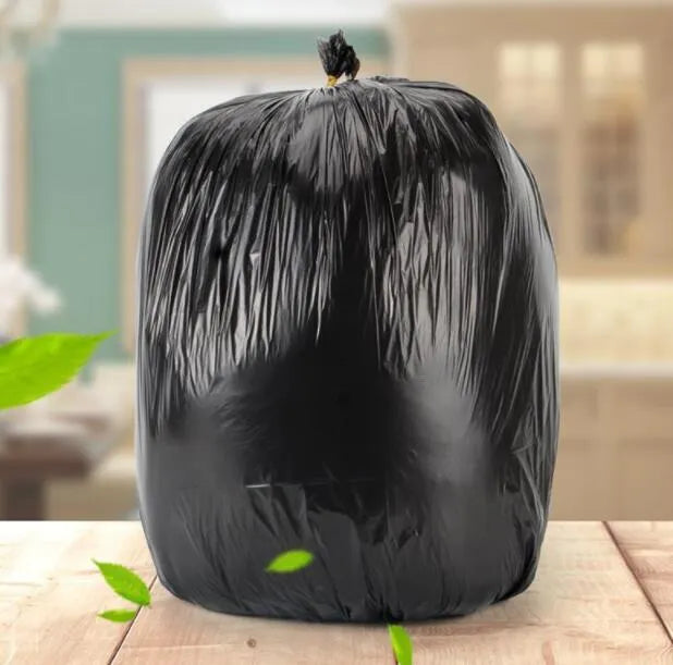 Roll of large black thickened plastic kitchen bin bags, 50cm by 60cm with flat-mouth opening