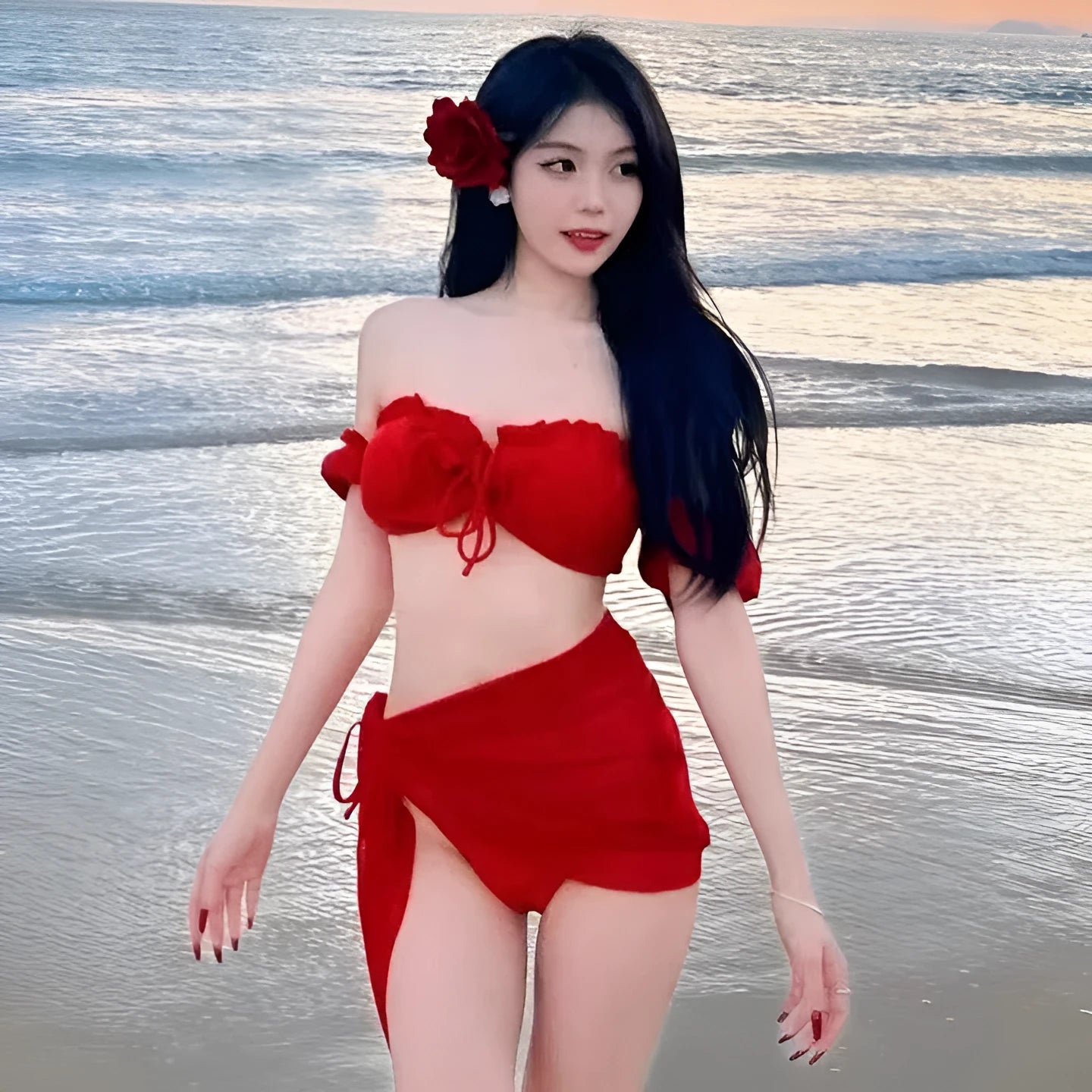 Red women's bikini swimsuit with puff sleeve skirt top and briefs.