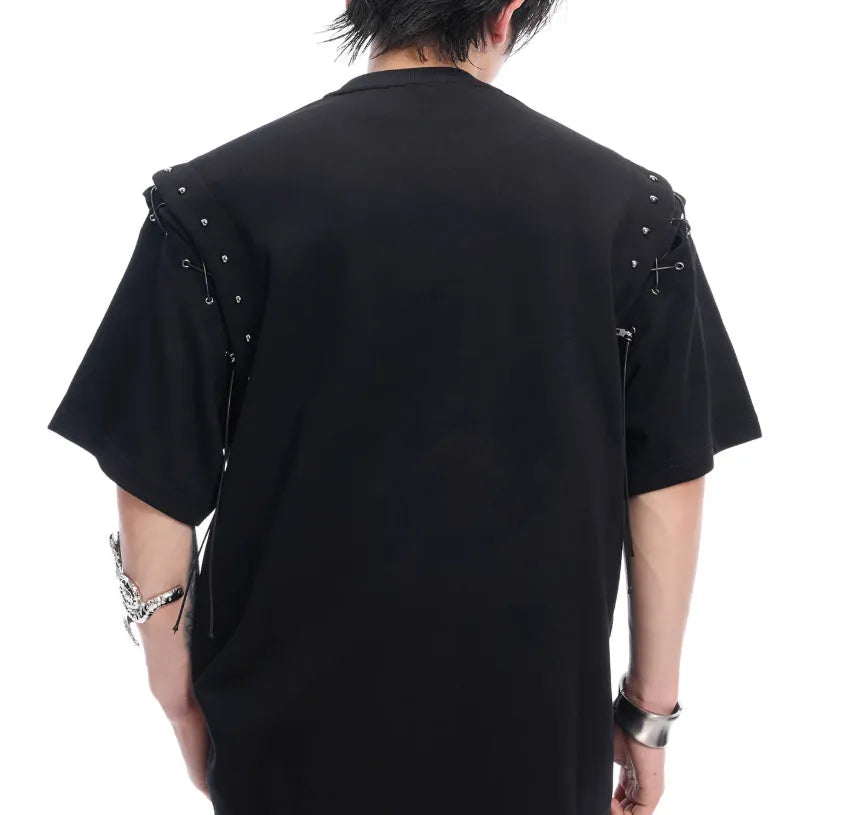 Men's black deconstruction style short sleeve t-shirt with a lace-up cutout panel on the front.