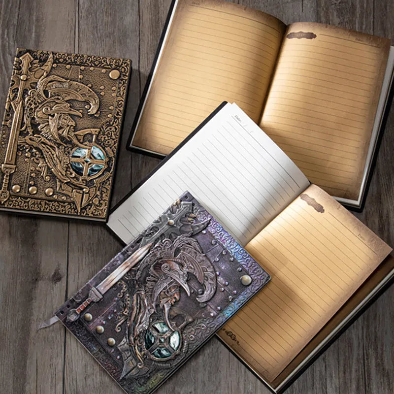 Handmade leather A5 notebook with embossed 3D Warriors relief design, shown open.