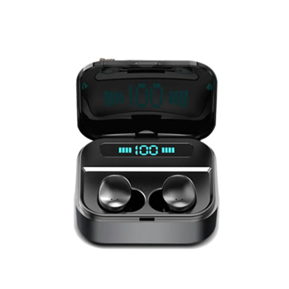 X7LED black and white sports Bluetooth in-ear headphones with charging compartment showing LED display