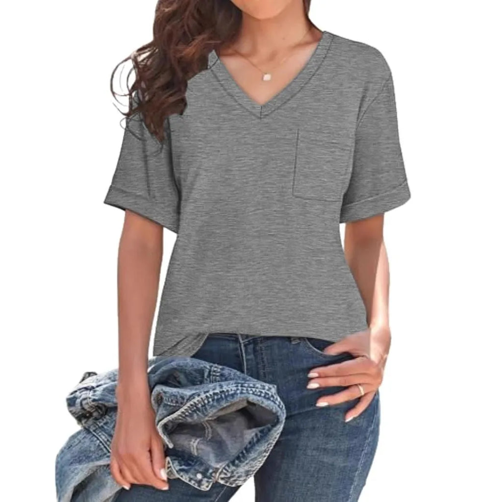 Grey loose fit V-neck T-shirt with a chest pocket on a plain background.