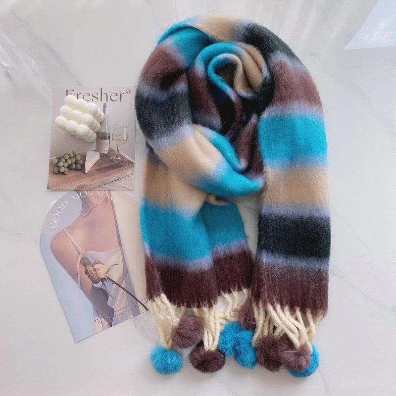 Rainbow Dopamine Mohair Tassel Scarf in vibrant colours, perfect for winter