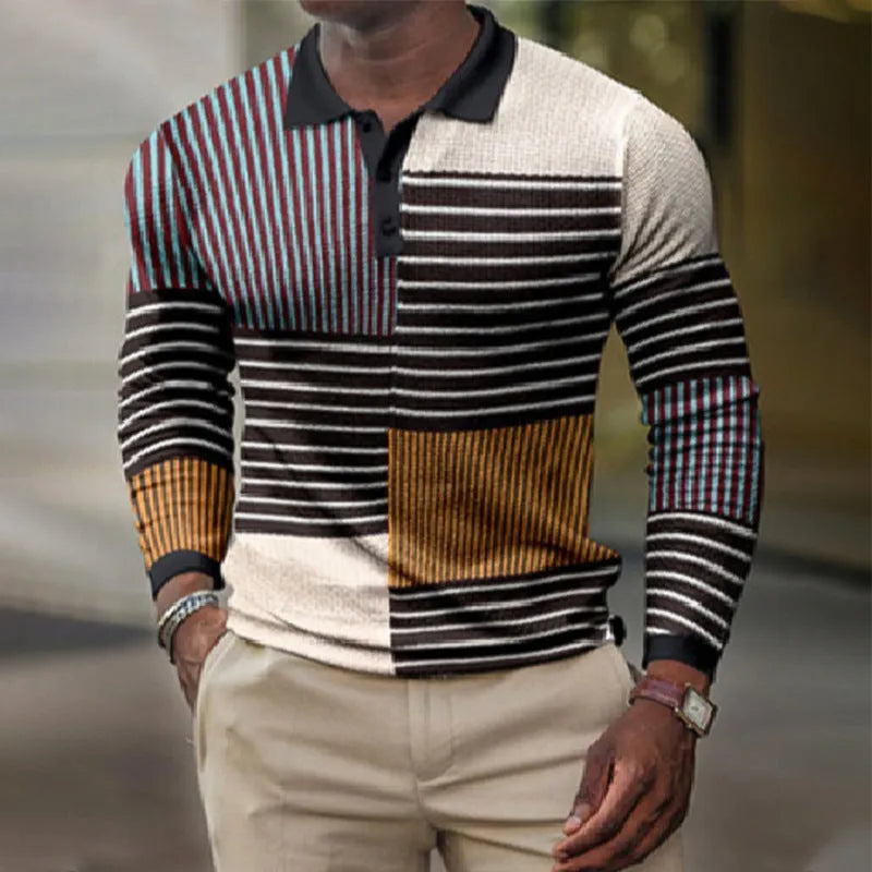 Man wearing striped long-sleeved casual top with 3D printed pattern in polyester fabric