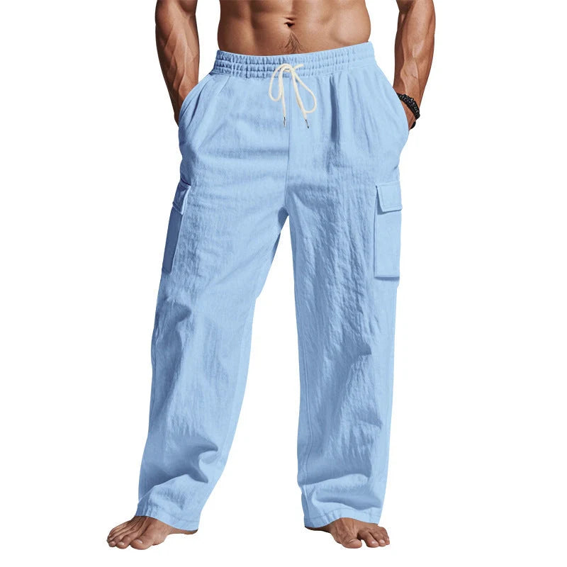 Men's multi-pocket linen pants in various colours