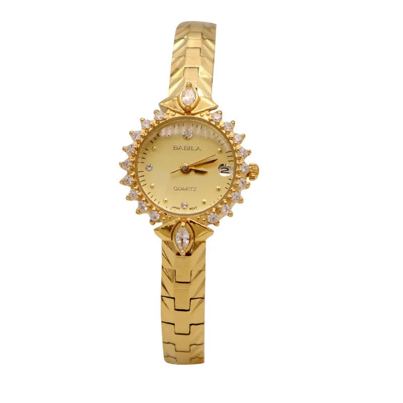 Women's vintage quartz bracelet watch with gold surface showing 6mm thickness and diamond embossed detail