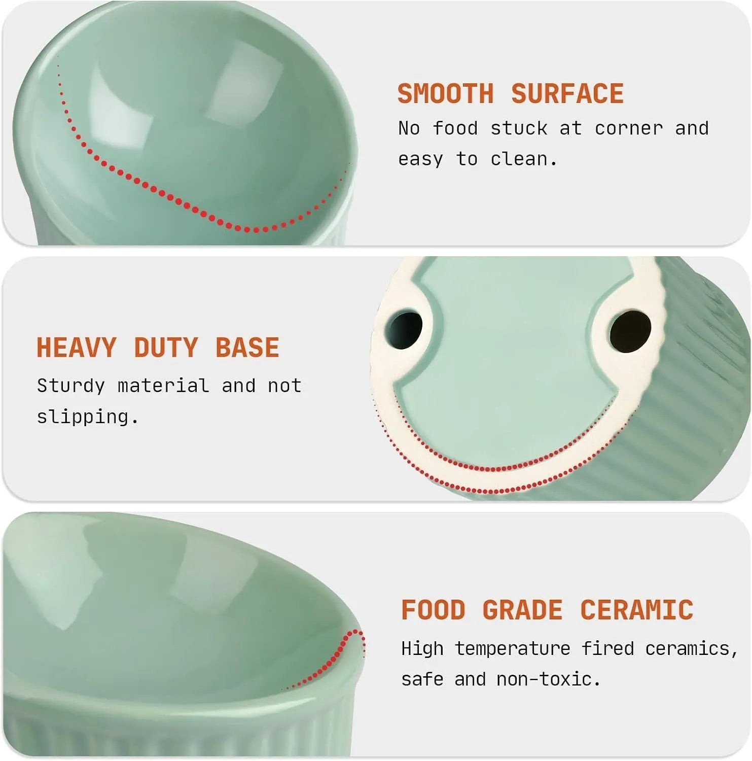 Elevated ceramic cat bowl in dark green, showing its tilted design and round, whisker-friendly shape.
