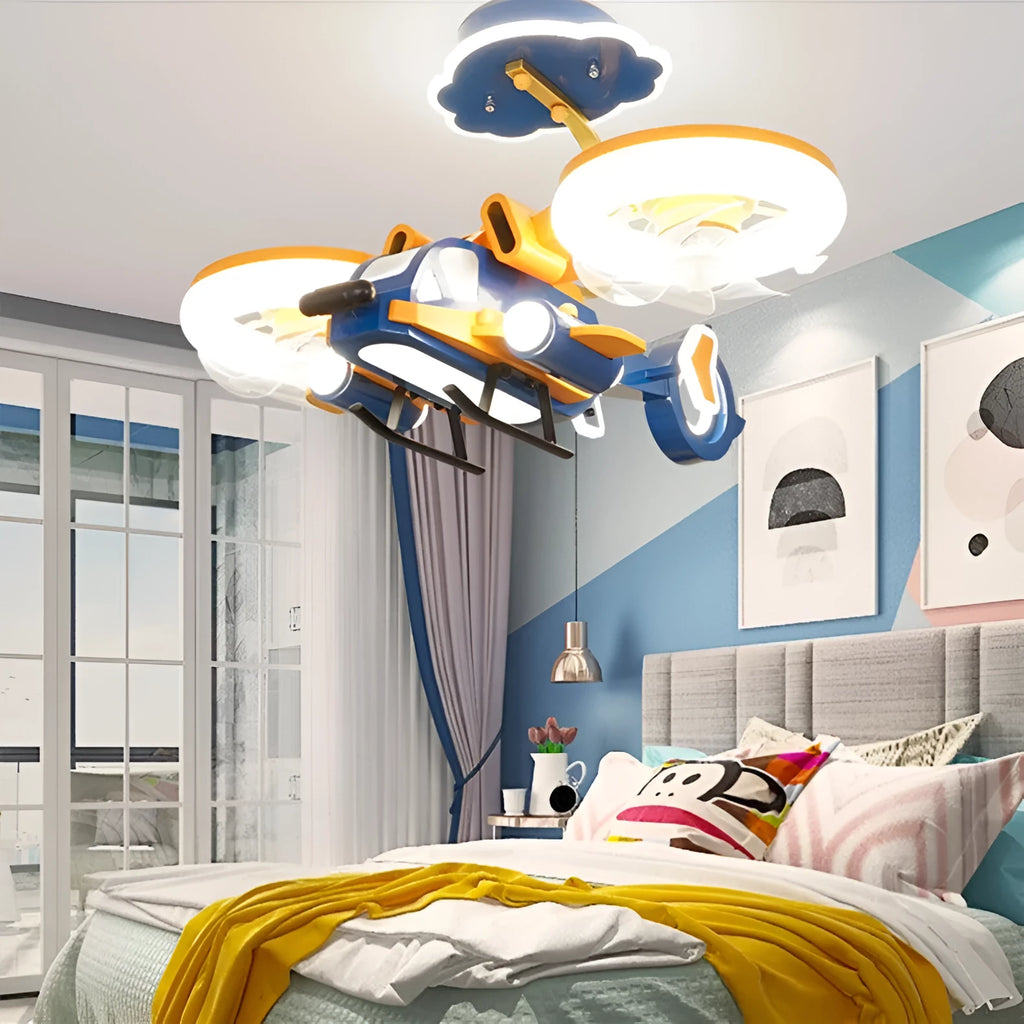 Yellow and blue ceiling fan light with metal blades and acrylic lampshade for bedroom installation