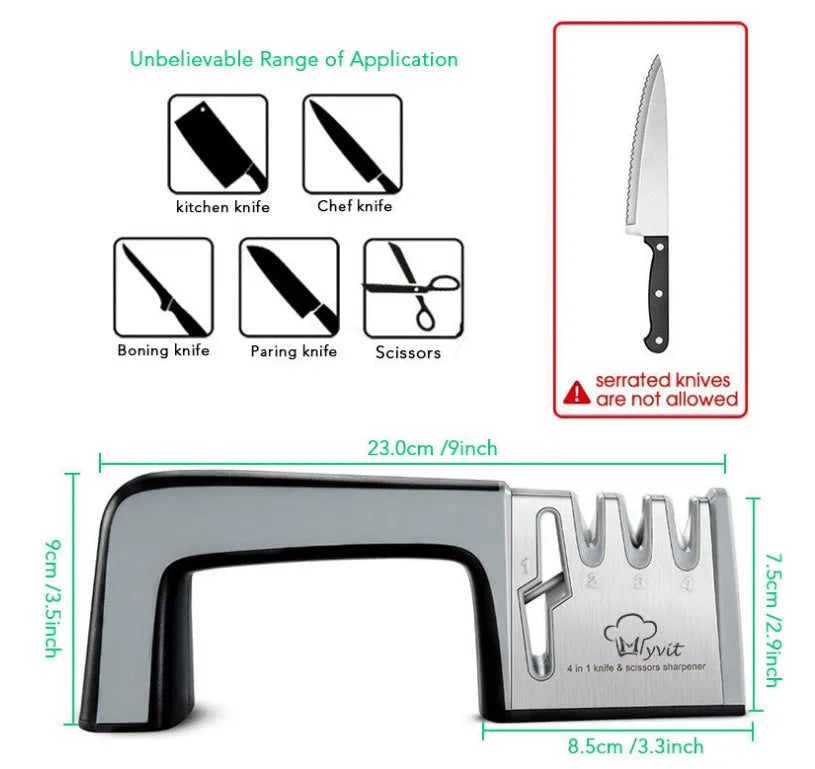 4-in-1 multi-functional knife sharpener in black with multiple sharpening rods