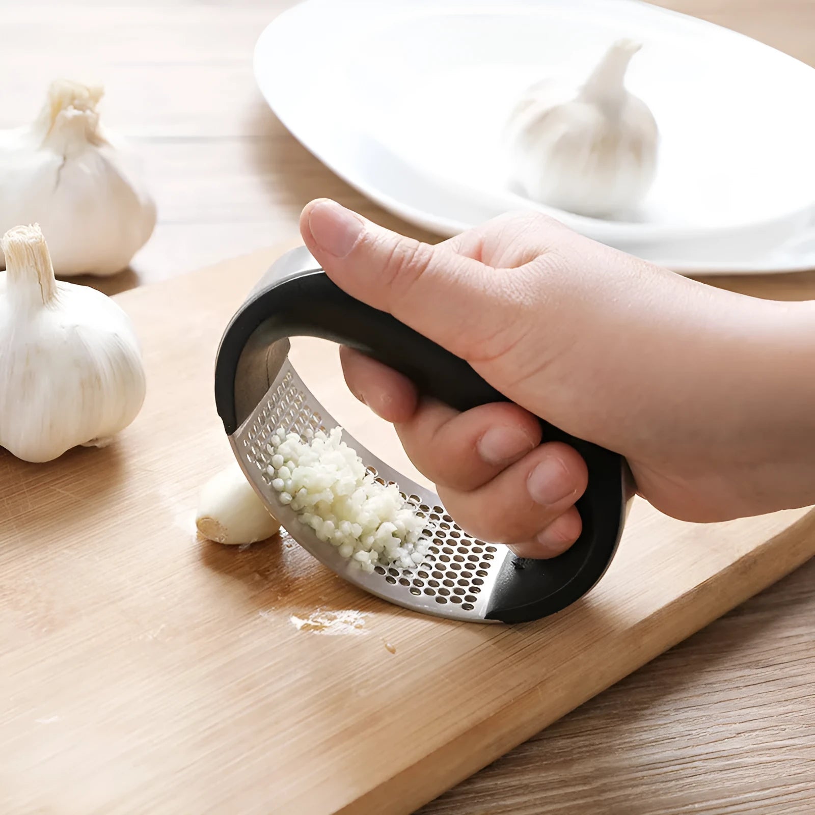 Silver 304 stainless steel garlic press with ergonomic ABS handle on a kitchen counter