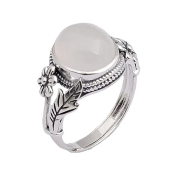 Copper adjustable vintage ring with imitation white chalcedony stone and antiqued finish