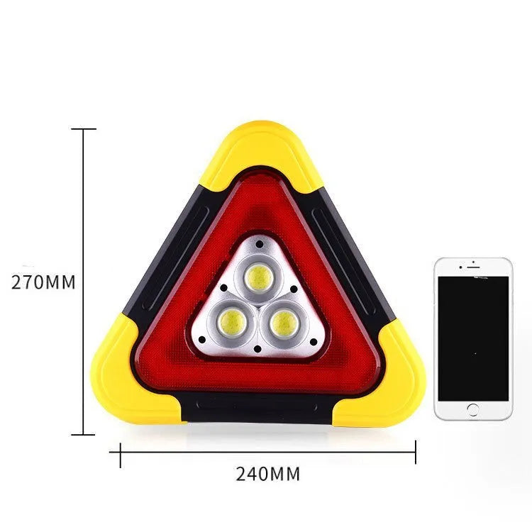 Car mounted tripod warning sign light with solar panel, large and small sizes, showing warning flash mode on a roadside
