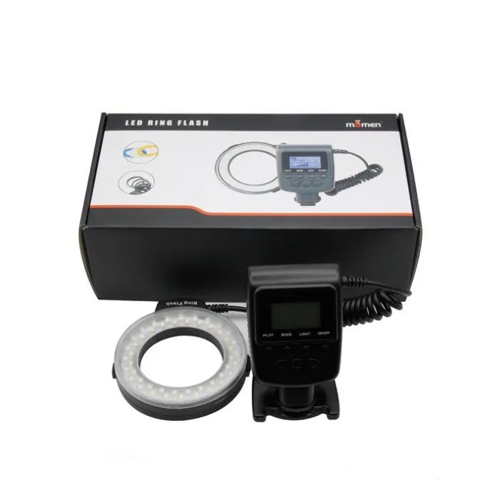 Traveller RF-550D macro ring flash with 48 LEDs, LCD display, and eight adapter rings 49-77mm on black background