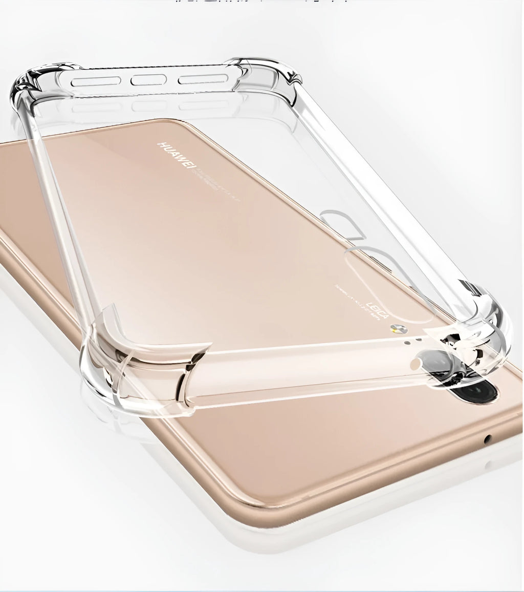 Transparent TPU phone case for Huawei and Honor smartphones showing airbag anti-fall design.