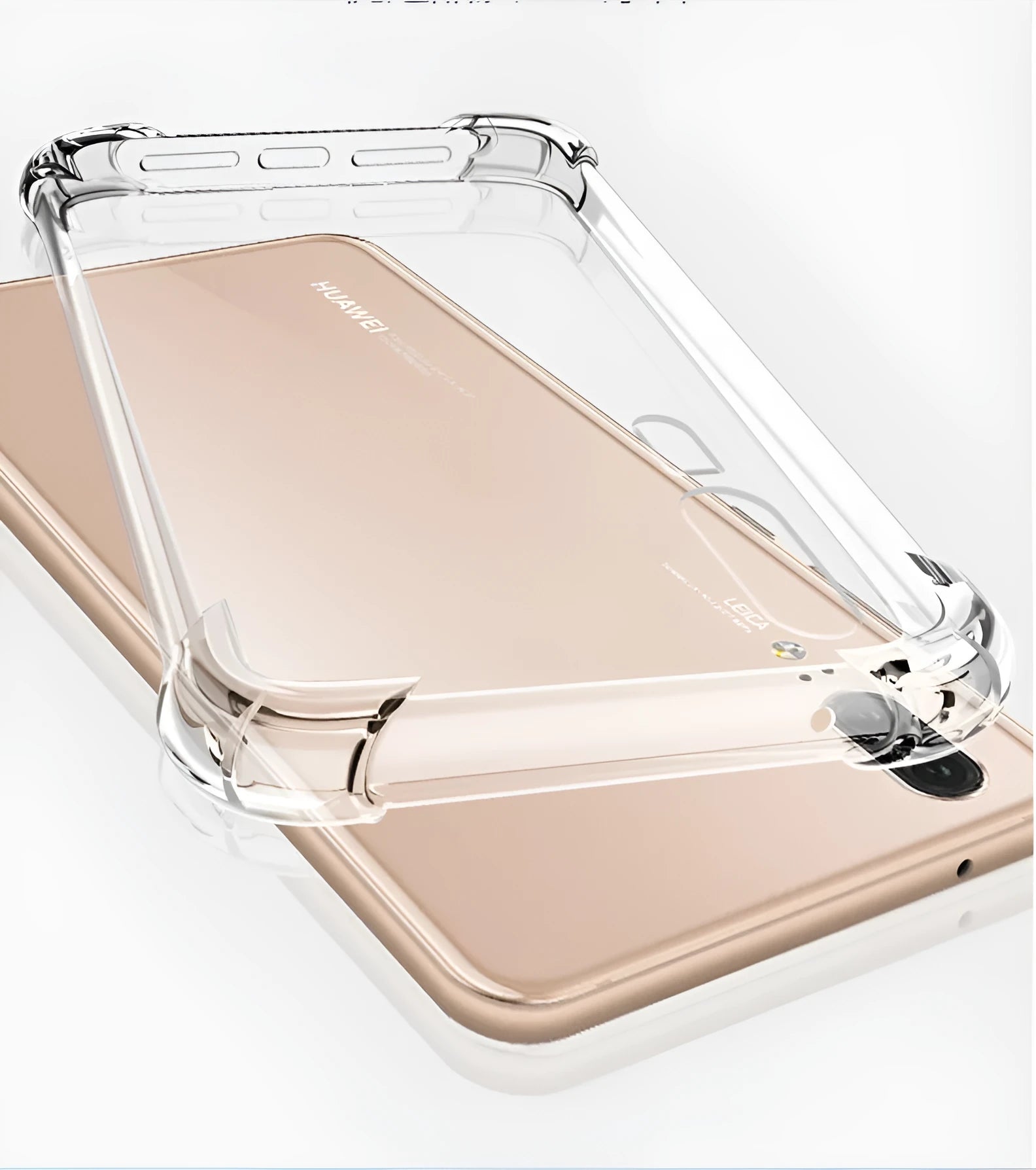 Transparent TPU phone case for Huawei and Honor smartphones showing airbag anti-fall design.