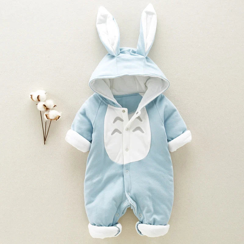 Cotton padded baby romper with chinchilla hood for newborns in pink, gray, and blue