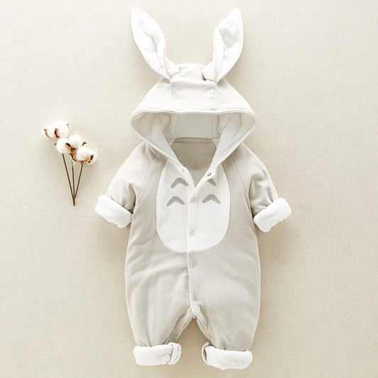 Cotton padded baby romper with chinchilla hood for newborns in pink, gray, and blue