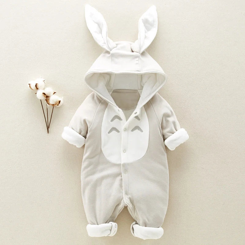 Cotton padded baby romper with chinchilla hood for newborns in pink, gray, and blue