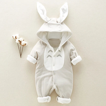 Cotton padded baby romper with chinchilla hood for newborns in pink, gray, and blue