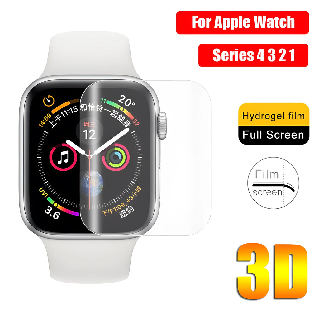 Full screen hydrogel protective film for Apple Watch showing full coverage on a 44mm watch face