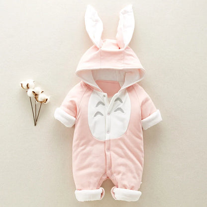 Cotton padded baby romper with chinchilla hood for newborns in pink, gray, and blue