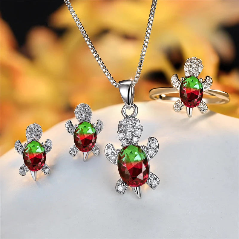 Cartoon Turtle Pendant Rhinestone Necklace with Rainbow Stone for Women and Children