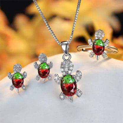 Cartoon Turtle Pendant Rhinestone Necklace with Rainbow Stone for Women and Children