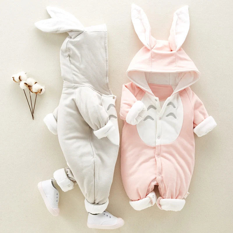 Cotton padded baby romper with chinchilla hood for newborns in pink, gray, and blue