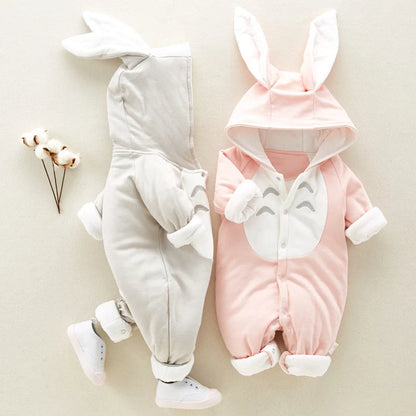 Cotton padded baby romper with chinchilla hood for newborns in pink, gray, and blue