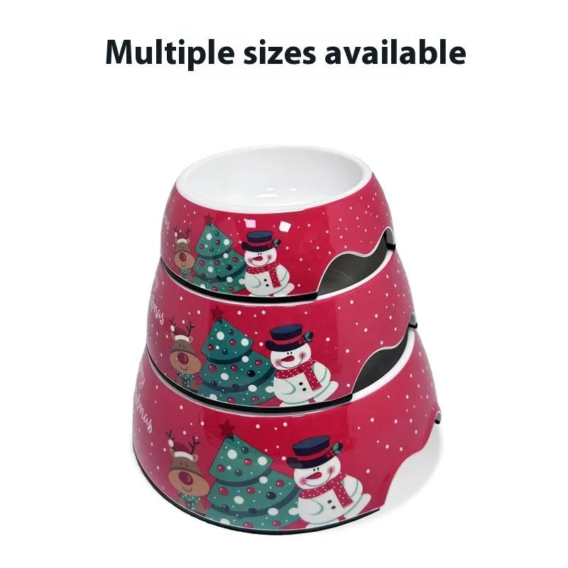 Red Christmas pet bowl with stainless steel upper layer and removable melamine tray