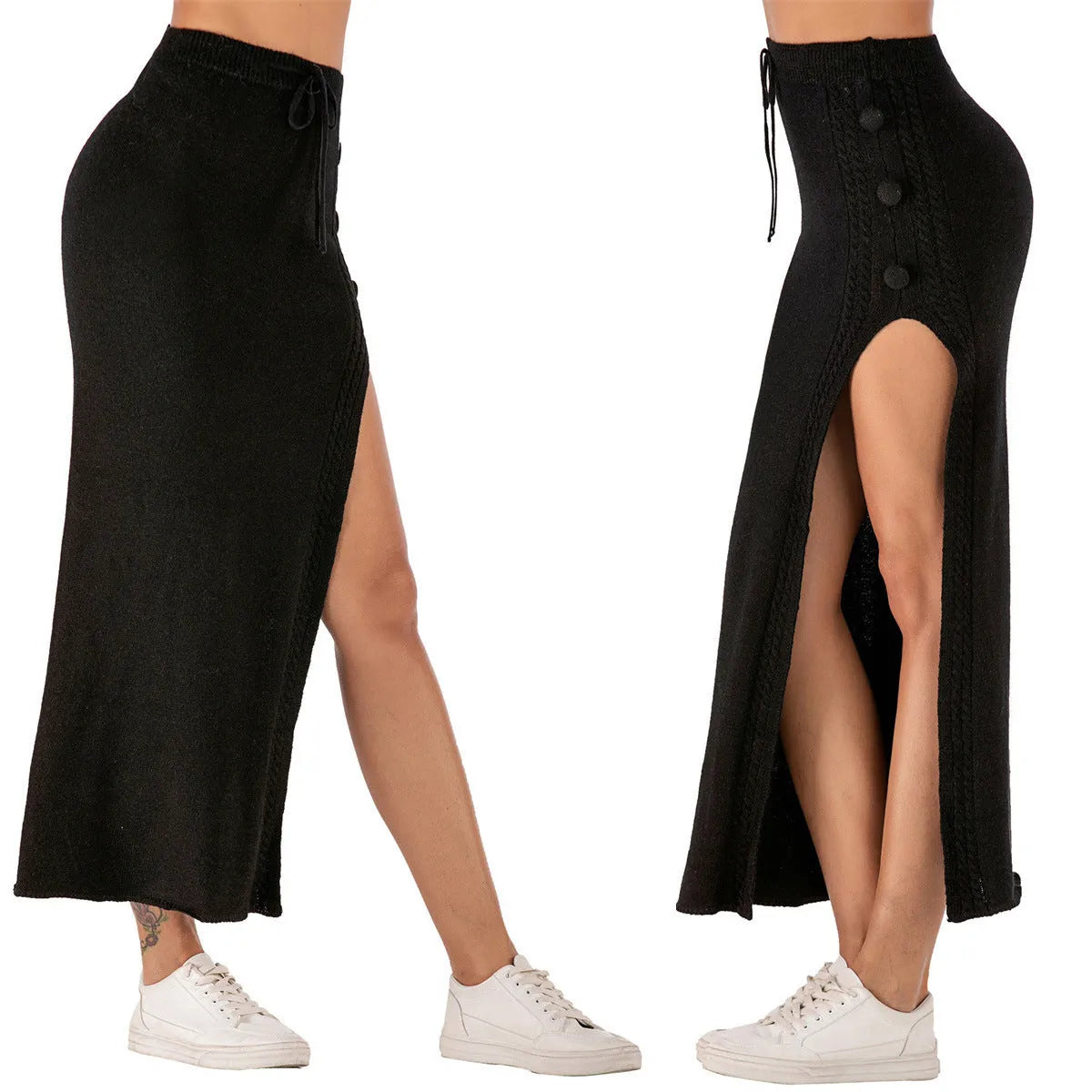 Women's slim-fit acrylic midi skirt with a side slit, shown in black, pink, and grey.