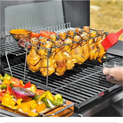 Stainless Steel Barbecue Rack with 14 slots for cooking chicken legs and wings, featuring a folding stand and drip tray